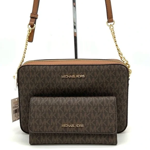Michael Kors Large EW Crossbody Bag & Large Trifold Wallet Brown/ Gold