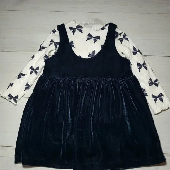Carter's Infant Baby Girl's Overall Dress Set Velvet Velour Bows Top Holiday.