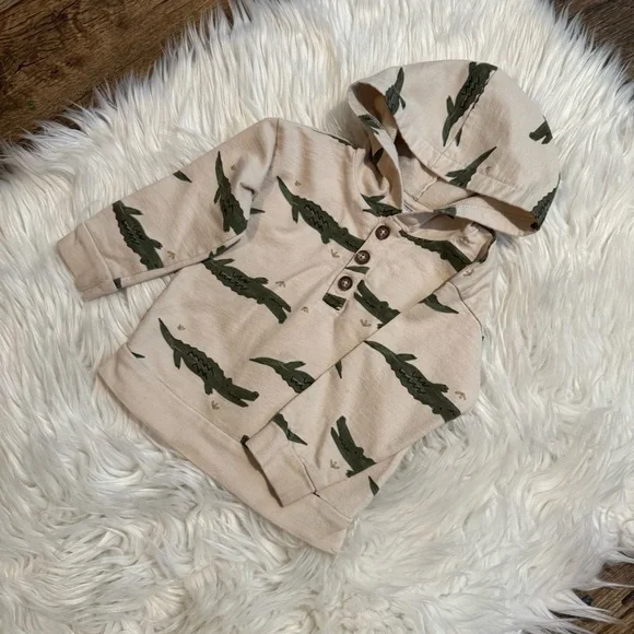 Carter’s Baby Boy Hoodie‎ 18M Beige Alligator Print Hooded Sweatshirt EUC