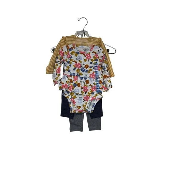 Carter's Bodysuits Pants Set Long Sleeve Flower Stripes 4-piece 9‎ Months NWT