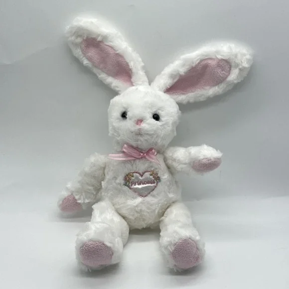 Vintage Carter's White Bunny Plush Rattle Pink Bow Embroidered Heart‎ Princess