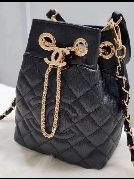 GWP CHANEL Black Quilted Drawstring Shoulder Bag with Gold Hardware