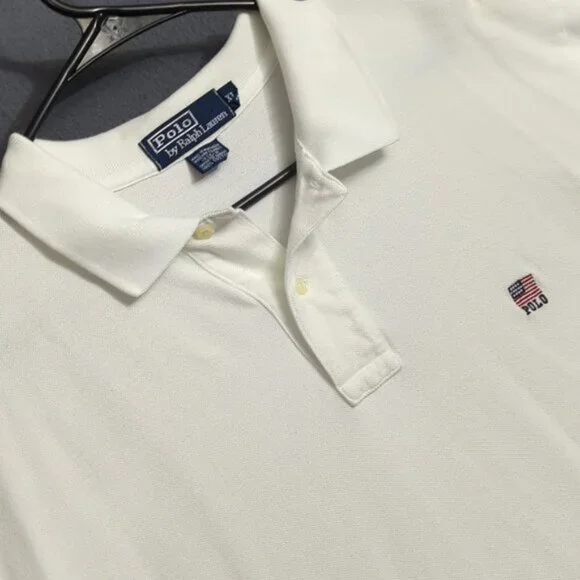 Polo Ralph Lauren Shirt Men's XL White Polo Flag Short Sleeve Preppy Made In USA