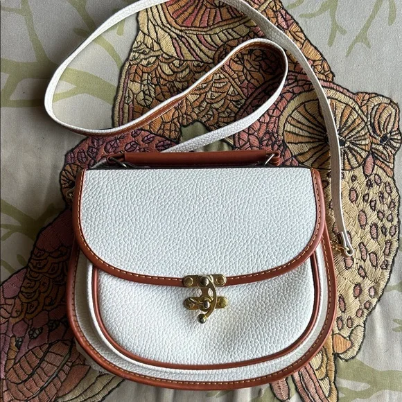 Vintage Made in Korea White and Brown Distressed Leather Crossbody Bag