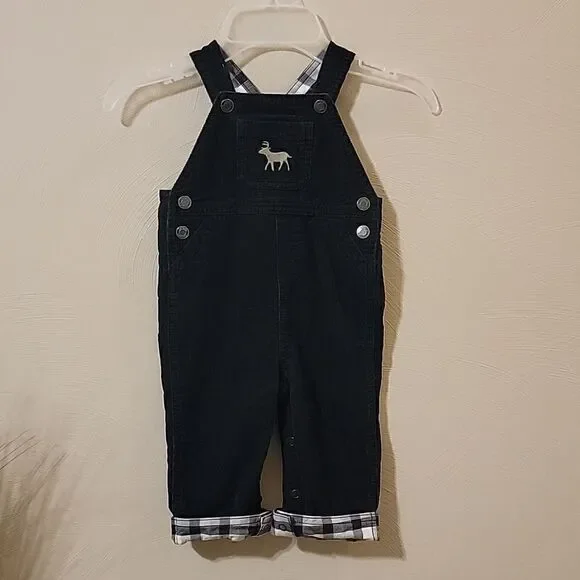 CARTER'S BLACK CORDUROY OVERALLS WITH REINDEER AND PLAID CUFFS, SIZE 12 …