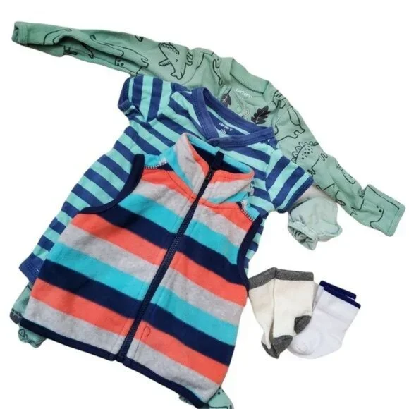 Carter's‎ 3 pieces romper footie ,striped Overall ,Colorful Vest All Sz Newborn
