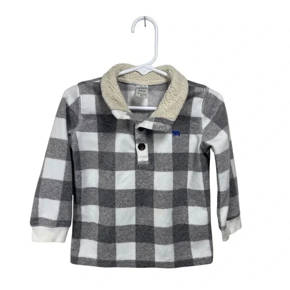 Carters Boys 24M Gray White Buffalo‎ Plaid Sherpa Collar Pullover Top Toddler