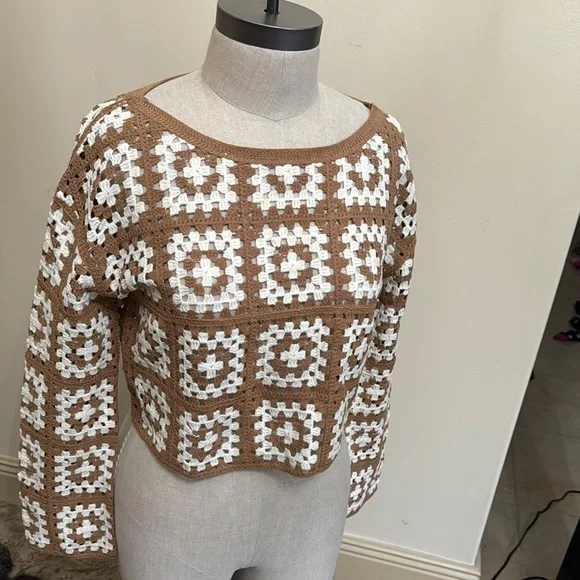 Brown and White Crochet Sweater