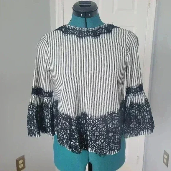 EUC Zara XS Lace Bell Sleeve Striped Tie Back Blouse