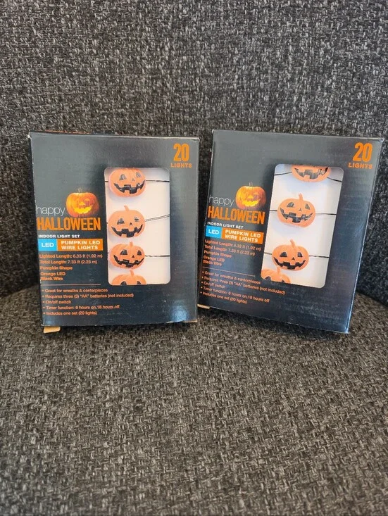 NIB 2 Sets Happy Halloween LED Orange Pumpkin Wire String Lights Jack O' Lantern