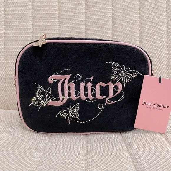 NEW Juicy Couture Black‎ Terry Butterfly Rhinestone Camera Bag Crossbody Pink
