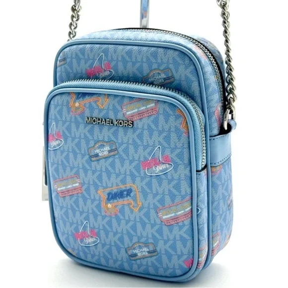 Michael Kors Jet Set Medium Printed Signature Logo Crossbody Bag Light Sky Blue
