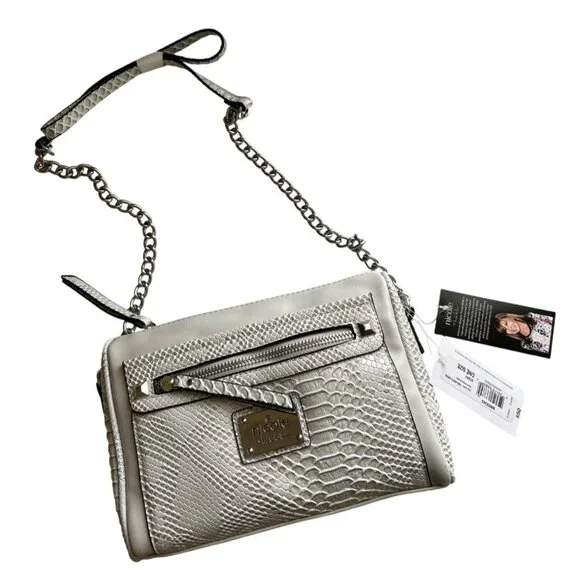 Nicole Miller Faux Snakeskin “Tess” Gray Crossbody Bag With Chain Strap