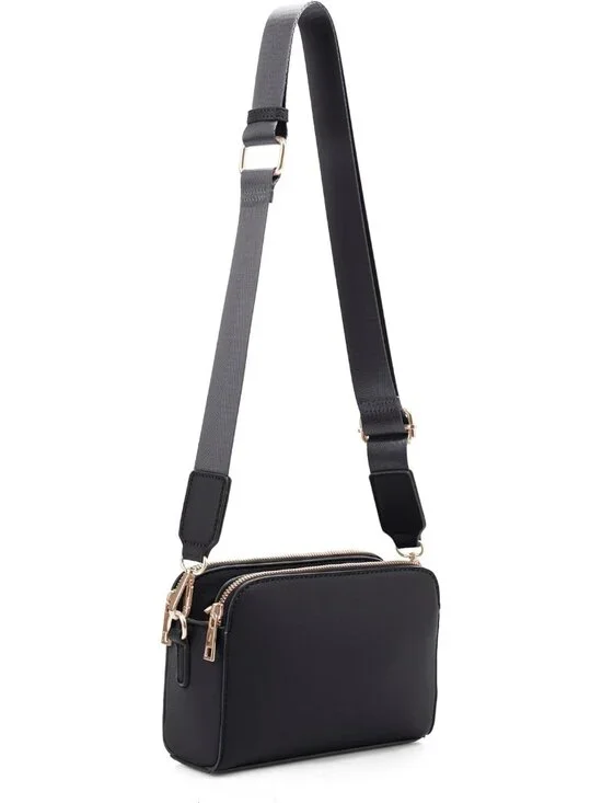 Women's Black Trendy Triple Zip Small Crossbody Bag Purse with Guitar Strap