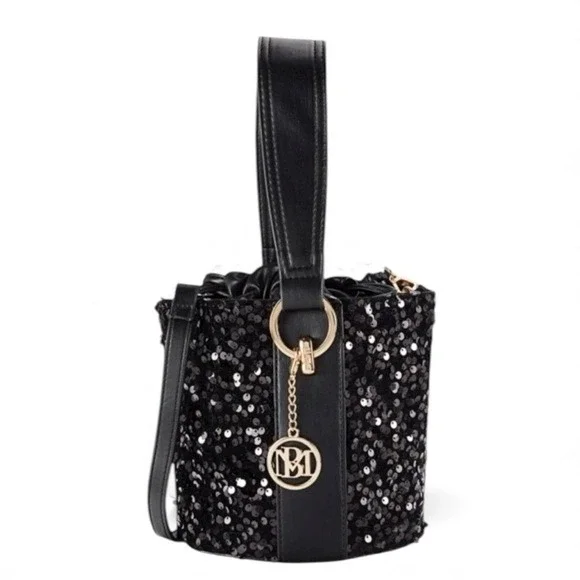 Badgley Mischka Black Sequin Bucket Bag BMH513 Gold Chain‎ Charm