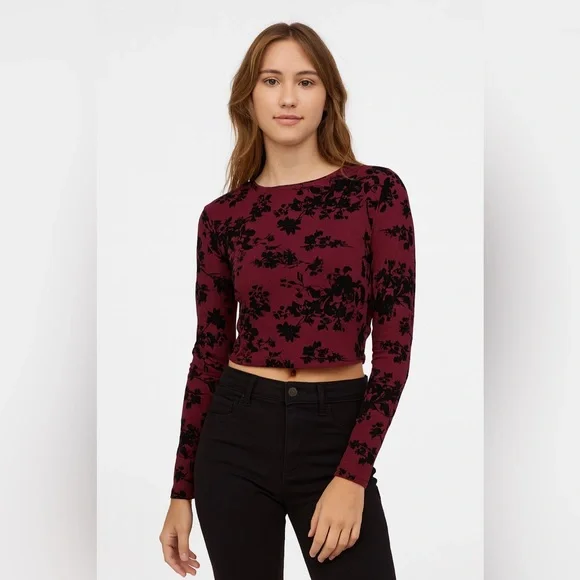 Deep Burgundy Crop Top with Black Floral Burnout Pattern
