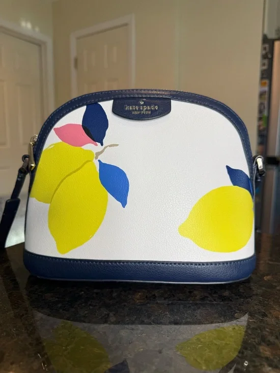 kate spade White Lemon Print Dome Crossbody with Navy Trim