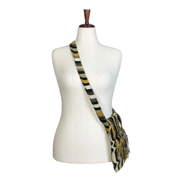 Striped Woven Knit Boho Crossbody Bag Gold Black Tan Shades Fringe Aztec Hippie