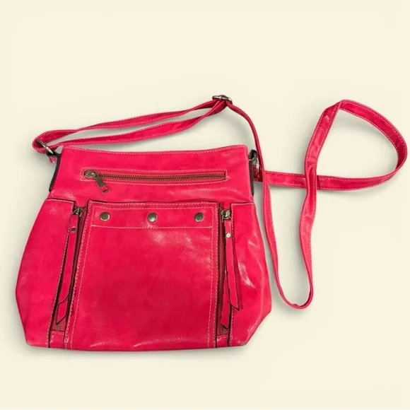 Bright Pink Faux Leather Crossbody Bag Zip Top Vegan Y2K Barbiecore