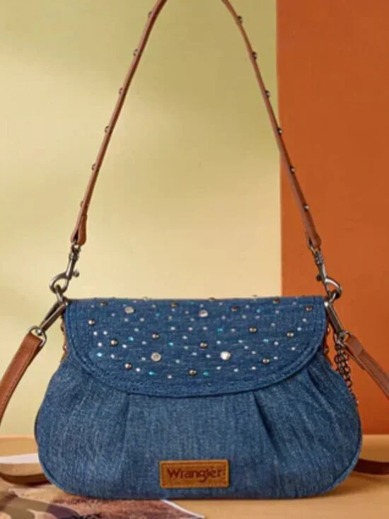 Wrangler Western Rhinestone Denim Flap Crossbody Shoulder Bag