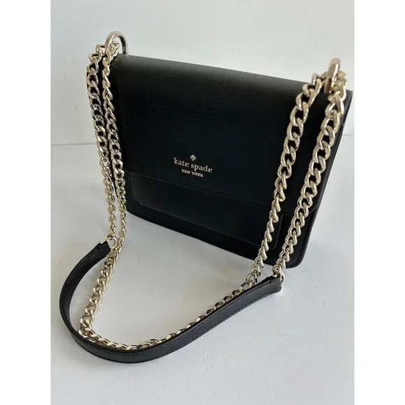 Kate Spade New York Black Pebbled Leather Crossbody Bag Gold Chain Strap
