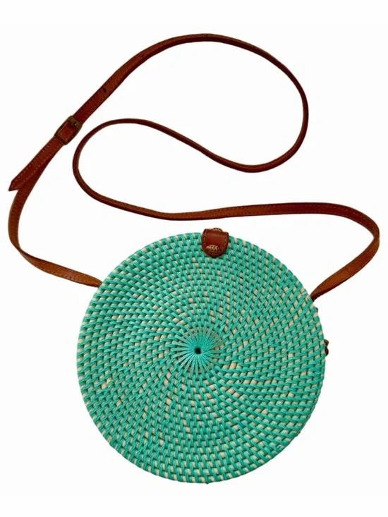 POPPY & SAGE Camilla Aqua Turquoise Woven Rattan Circle Crossbody Handmade NEW