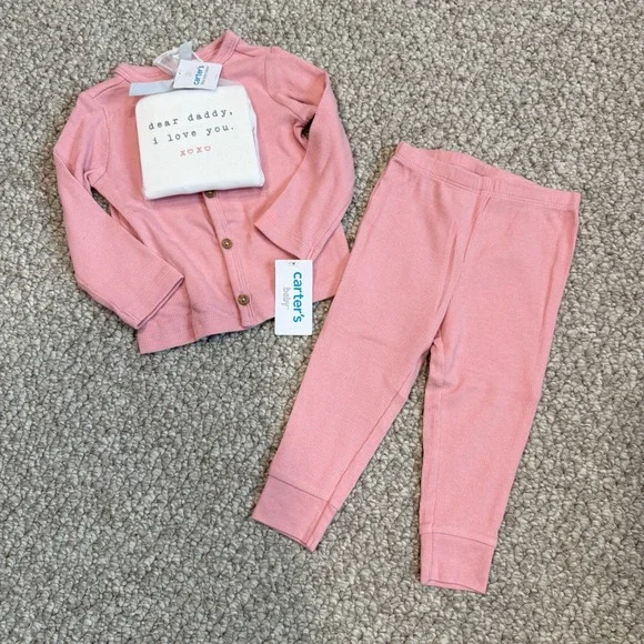 Carters Baby Girls Ribbed Cardigan Leggings Onesie Set Size 12 Months Dear Daddy