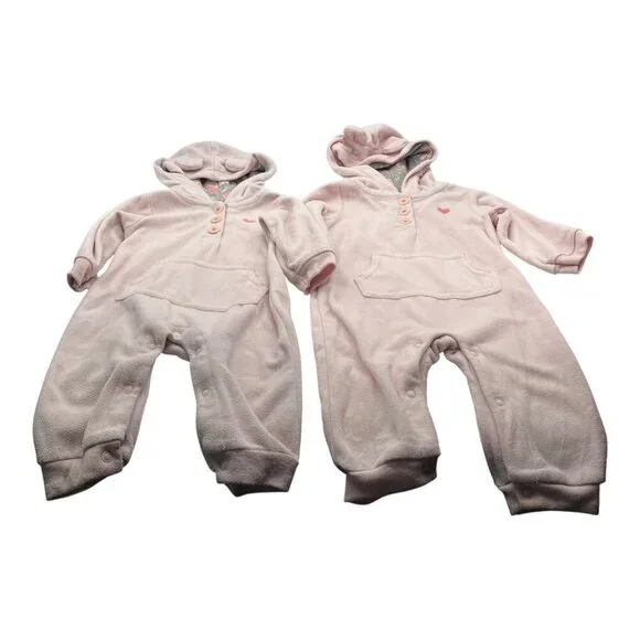 Lot Of 2 Carter’s Baby Hooded Fleece One‎ Piece 6-9M Heart Pink Floral Pocket