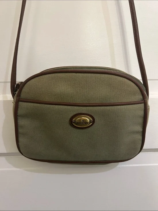 🛍 2/$18 Etienne Aigner Olive Canvas Crossbody with Brown Trim and Brass Plaque