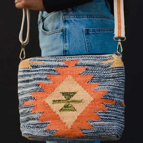 Blue Orange Yellow Western Aztec Cotton Crossbody Bag