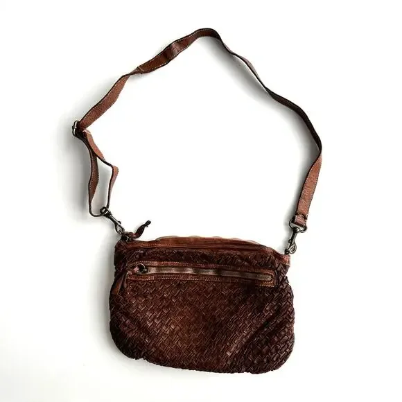 Langelotti Italian Made‎ Woven Brown Leather Crossbody Bag Purse