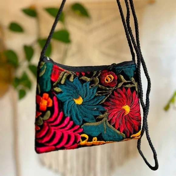 Boho Embroidered Crossbody Bag - Velvet, Floral, Handmade, Festival, Guatemalan