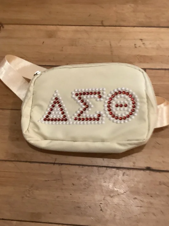 Cream Crossbody Belt Bag with Red and Pearl Bead Embellishment