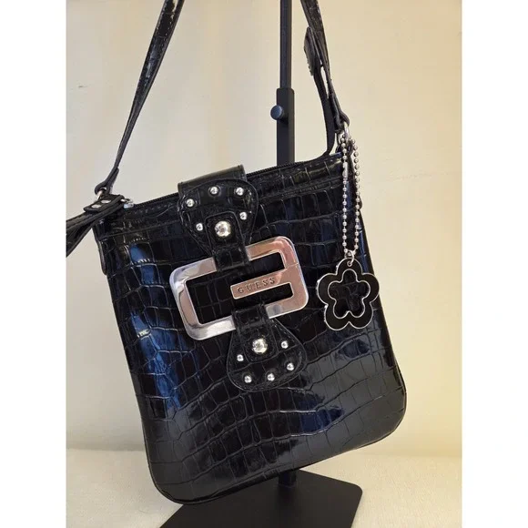 Vintage Y2K Guess Western Croc Big G Silver Studded Patent Black Crossbody Purse