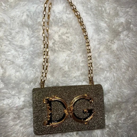 Dolce & Gabbana Gold Glitter DG Logo Crossbody Bag