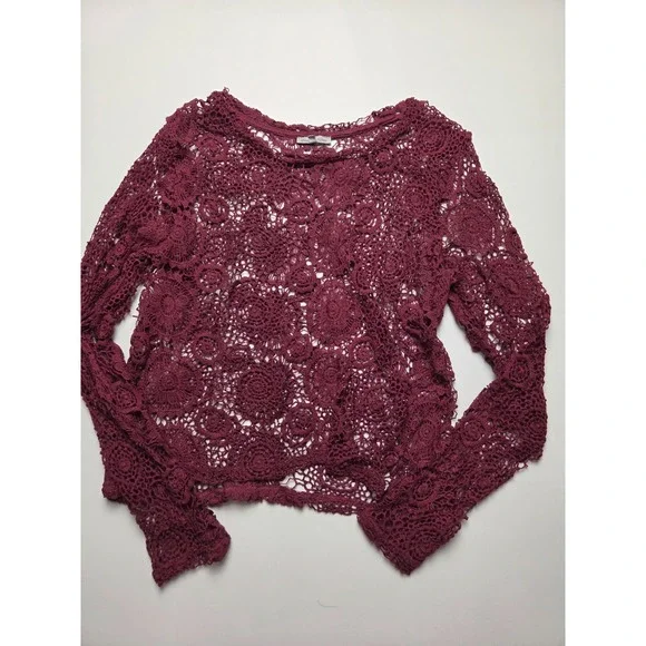 Charlotte Russe Lace Maroon Polyester Long Sleeve Top Size XL