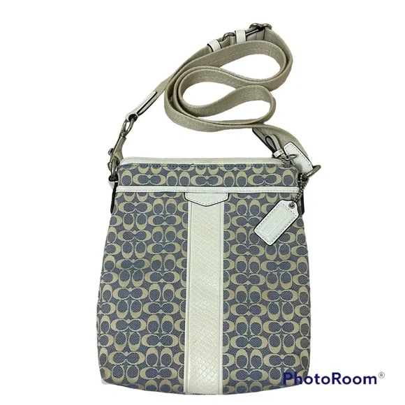 Coach Vintage Denim And White Patent Leather Swingback Crossbody In Mini C Print