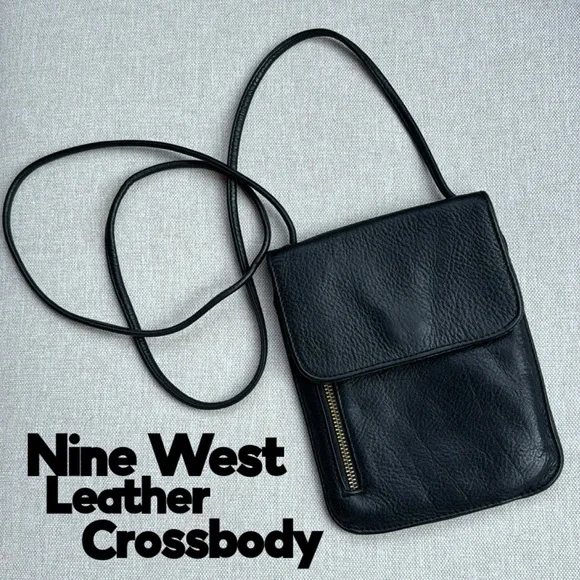 Leather Nine West-Crossbody-Black-6x8 Envelope Style-Flap Closure
