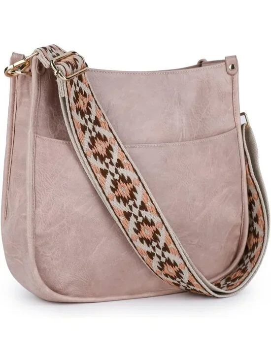 Women's Light Pink Leather Small Crossbody Bag Wide Guitar Strap Shoulder Purse