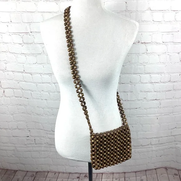 Wooden‎ Beaded Crossbody Purse Hippie Boho Brown Earthy Granola Zip Closure