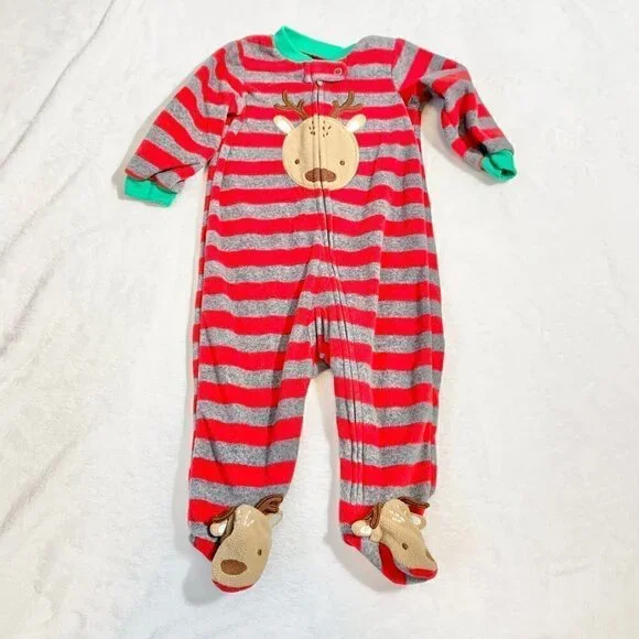 5/$25 Carter's Baby Reindeer Fleece Footed Pajamas‎ Sleeper Red Grey Stripe 6M