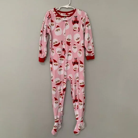 5/$25 Carter's Kids Pink Santa Claus‎ Fleece Footed Pajamas Sleepwear PJs 5T