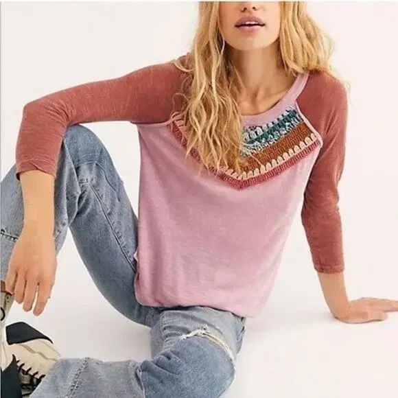 Free People Spring Bound Mauve Crochet Raglan Cotton & Linen Blouse