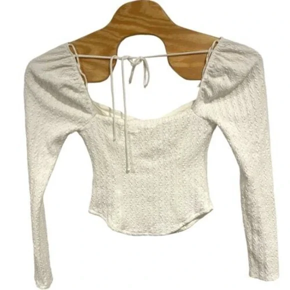 Free People Brittany Smocked Top Winter White Tie Back Long‎ Sleeve M
