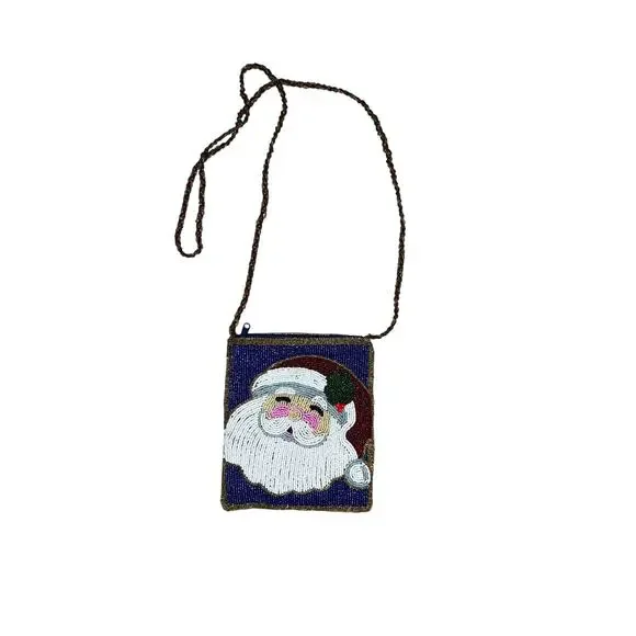 Beaded Christmas Jolly Santa Claus crossbody purse bag multi colored