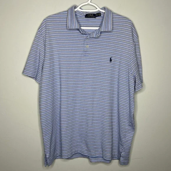 Ralph Lauren Preppy Blue Striped Polo Shirt Cotton‎ Soft Touch Casual XL