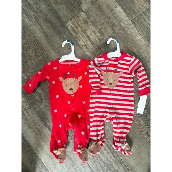 Carter's Just One‎ You 2 Christmas Footed Fleece Sleepers 3 Months Deer  Twins