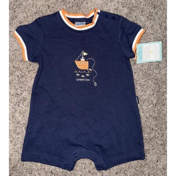 Vintage Carter's‎ Crew Blue Fishing Outfit Romper Jumpsuit Baby Boy 9-12 M New