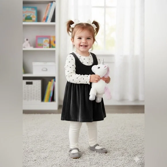Carter’s Adorable Black Dress With White Long Sleeve Toddler Girl Set 3 Pieces