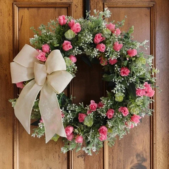 Dusty Miller Rosebud Spring Summer‎ Wreath for Front Door Eucalyptus Pink Roses